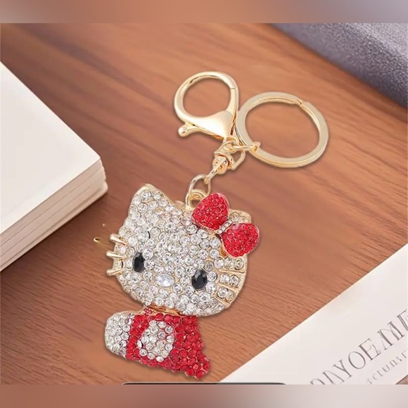 Sanrio Hello Kitty Keyring/Bag Charm Sparkling Rhinestones Golden Tone Red - Picture 1 of 8